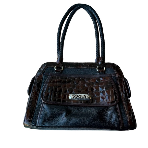 Brighton Handbags - Brighton Vintage Black Leather Brown Croc Satchel